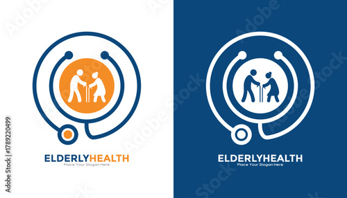 Senior elderly health and assistance logo template. Icon combining an elderly couple and a stethoscope, perfect for hospitals, clinics, and insurance companies specializing in aged care
