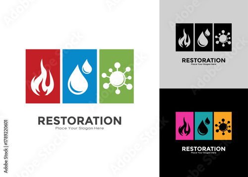 Abstract restoration logo design with symbolic icons: flame (fire), water drops (flood), and molecular structure (mold/germs). Perfect vector for cleanup business identity.