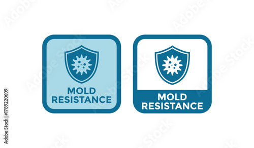 Certified mold resistance label. Blue shield vector stamp indicating protection against fungal growth, bacteria, and microbial threats. Great for health and safety compliance