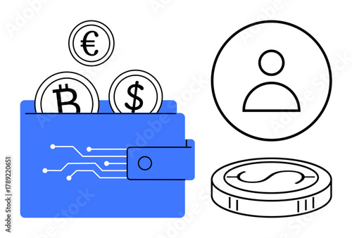 Digital wallet with euro, bitcoin, and dollar coins, profile avatar, large coin. Ideal for cryptocurrency, fintech, blockchain, online banking digital payments finance tech virtual currency