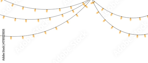 Christmas string lights, shiny, festive, soft yellow bulbs. Warm, glowing string lights hanging on black wires, Twilight glow creating a cozy, perfect for celebrations, parties holiday decorations.