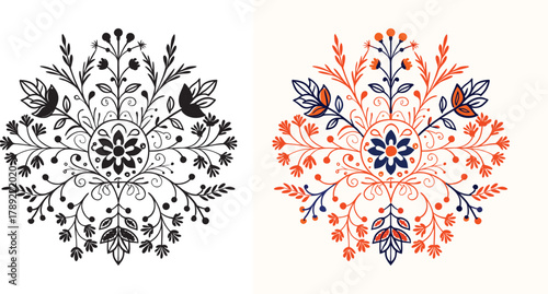 Vibrant folk art floral mandala design bursting with organic beauty and intricate detail, perfect for decorative projects
