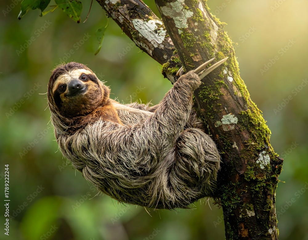 Fototapeta premium Close-up of a smiling sloth hanging from a moss-covered tree branch