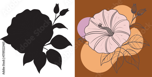 Elegant botanical illustration of a delicate pink flower with buds and leaves, perfect for design projects and nature themes