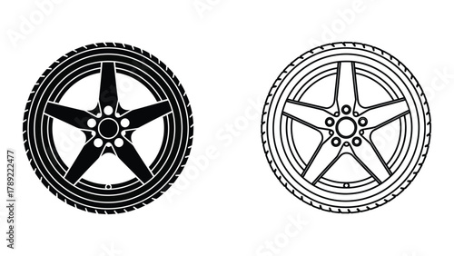 Car wheel and tire silhouette and outline isolated on white background, Vector