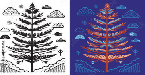 Whimsical winter tree illustration with playful clouds and snowflakes, perfect for festive designs and cozy seasonal themes