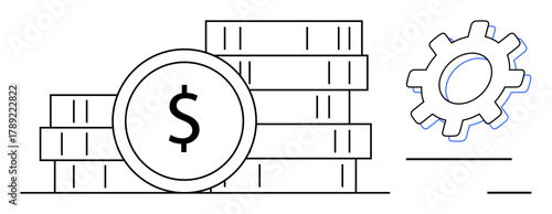 Stack of coins with dollar sign in focus, accompanied by a gear for productivity. Ideal for finance, strategy, economy, savings, profitability, business solutions, and growth simple flat metaphor