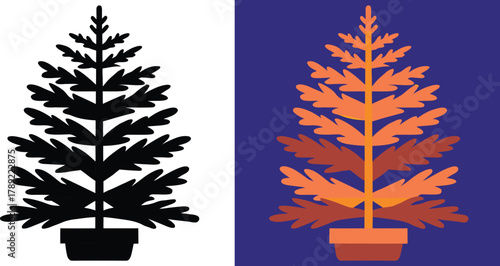 Stylized potted plant silhouette and vibrant autumn foliage design in contrasting modern color palettes