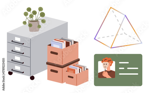 File storage cabinet, boxes of books, plant for workspace decor, geometric shape, ID card with portrait. Ideal for office management, organization, education, design identity student life simple