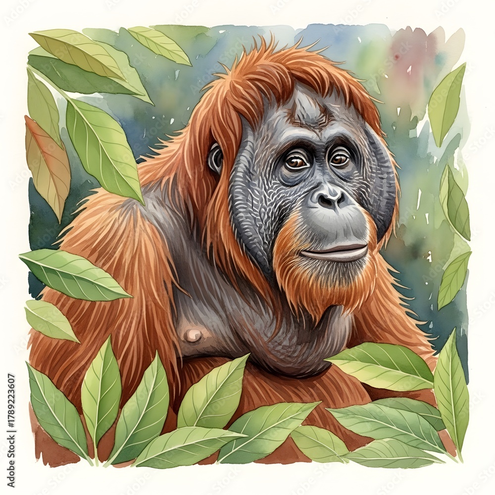 Obraz premium Watercolor painting of an orangutan surrounded by green leaves, showcasing its expressive face and reddish-brown fur.
