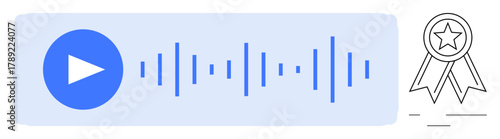 Play button with soundwave illustration and award ribbon showcasing audio excellence, playback quality, and achievement. Ideal for audio design, media innovation, recognition, streaming services