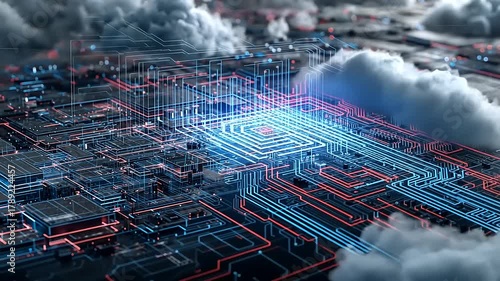 Futuristic digital landscape with glowing circuits and clouds, depicting advanced technology and innovation