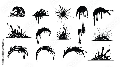 Liquid splashes and drips silhouettes collection isolated on white background, Vector