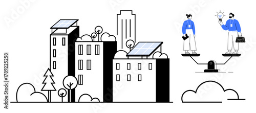 City buildings with solar panels surrounded by trees, business people balancing ideas and initiatives. Ideal for sustainability, innovation, teamwork, renewable energy, environment, business balance