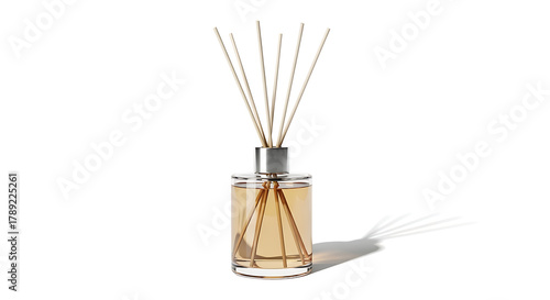 Wallpaper Mural Glass Reed Diffuser Bottle with Amber Liquid and Wooden Reeds on White Background fragrance aroma Torontodigital.ca