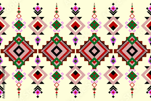 Seamless abstract geometric pattern with red,purple and green color on light yellow background ,Native American tribal fabric, tile, carpet, vector, illustration design	