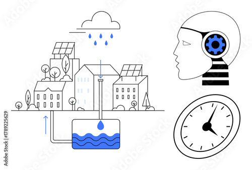 Solar-powered buildings, water recycling system, cloud rain, AI-enhanced head, and clock emphasize sustainability, technology, and smart urban living. Ideal for innovation, green energy smart