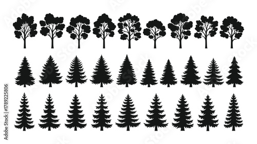 Collection of diverse tree silhouettes isolated on white background, Vector
