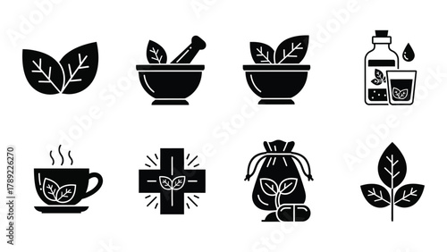 Herbal medicine and natural remedies silhouette icons isolated on white background, Vector