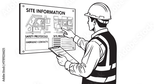 A construction worker in a hard hat reviews site information, pointing at a blueprint on a wall, holding a clipboard for documentation.