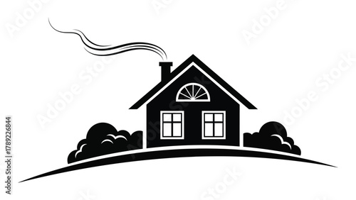 Cozy house silhouette with smoke isolated on white background, Vector