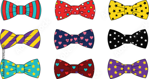 Cad drawing flat vector illustration, colorful bow tie collection, fashion accessory set, stylish patterns, playful design, men’s clothing decoration
