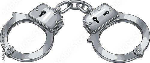 Cad drawing flat vector illustration, metallic police handcuffs restraint device, law enforcement security tool, crime justice symbol, detailed 3D artwork