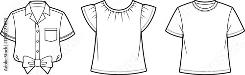 Cad drawing flat vector illustration, three shirt styles sketch, fashion top template, garment design layout, apparel flats