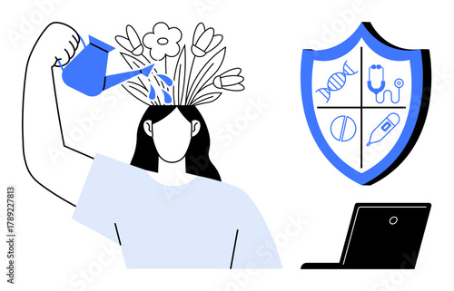 Woman watering flowers growing from her head symbolizes mental health, creativity, and self-care. Shield with medical icons represents health protection. Ideal for wellness, healthcare