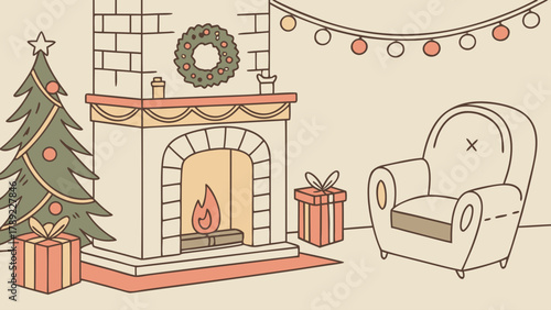 Christmas scene with decorated tree, fireplace, wreath, gifts, lights and comfortable armchair indoors