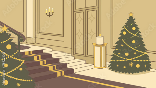 Illustration of a christmas decorated hall with stairs and a candle in a vintage style drawing
