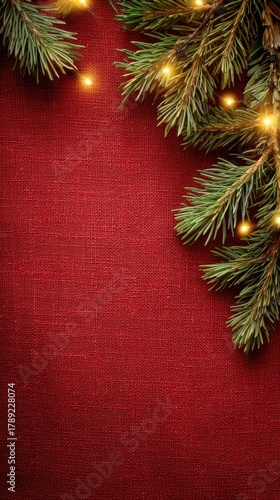 Evergreen branches with warm lights on a textured red background create a festive and cozy atmosphere.