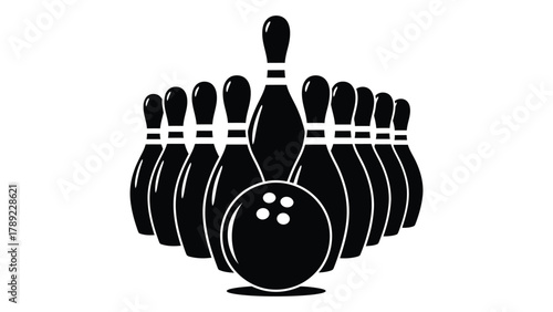 Bowling pins and ball silhouette isolated on white background, Vector