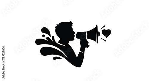 Silhouette of a person speaking into a megaphone, spreading love and positive messages