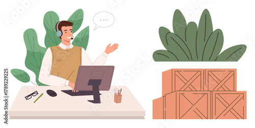 Office worker wearing a headset, interacting via computer for logistics support. Stack of boxes indicating warehouse or shipping. Ideal for customer service, logistics, communication, shipping