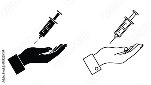 Syringe and hand silhouette icon isolated on white background, Vector