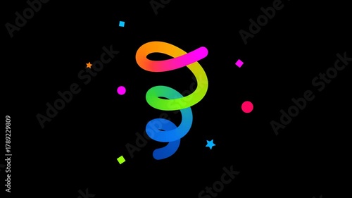 Color Confetti Icons with Gradient Lines, Stars and Swirl Ribbons. Fun Firecracker Explosion. Party and Carnival Celebration 3D Abstract Element. Alpha Channel
