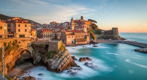 Fototapeta Naklejka Na Ścianę i Meble -  Coastal Italian Town Beside Turquoise Sea Under a Bright Sky