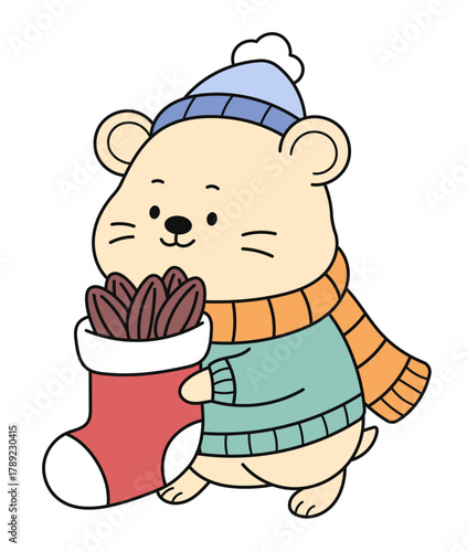 Cheerful Christmas hamster delivering sock full of sunflower seeds. Flat cartoon style vector illustration isolated on white background