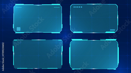 Sci-Fi HUD Frame Set With Neon Blue Interface. A four-panel HUD frame pack with neon-blue interface details and structured sci-fi screen layouts.
