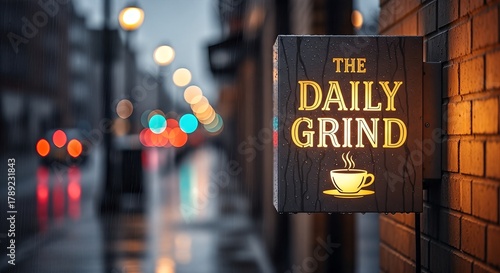 Fototapeta Naklejka Na Ścianę i Meble -  The Daily Grind Coffee Shop Sign on a Rainy City Street.
