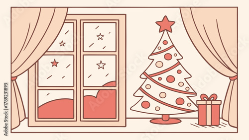 A christmas tree and gift next to a window with curtains and snow outside in a cozy room scene