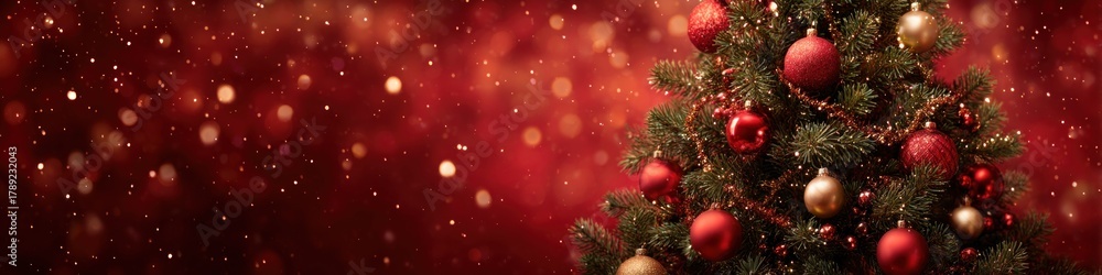 Naklejka premium A beautifully decorated Christmas tree with red and gold ornaments against a sparkling red background, evoking a festive holiday atmosphere.