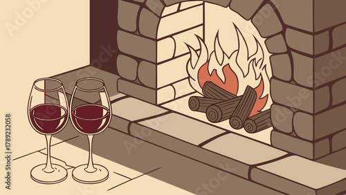 Two glasses of red wine sit near a stone fireplace with burning logs and flames in a cozy illustration