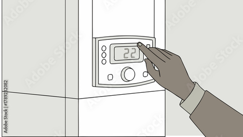 A hand adjusting the temperature on a thermostat display attached to a white wall mounted appliance unit