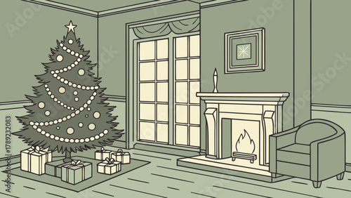 Illustration of a christmas tree with gifts fireplace and armchair in a living room scene indoors