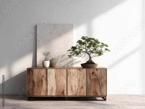 Square Canvas Mockup on Commode with Decorative Tree, Minimal Interior Scene for Artwork Presentation and Home Design