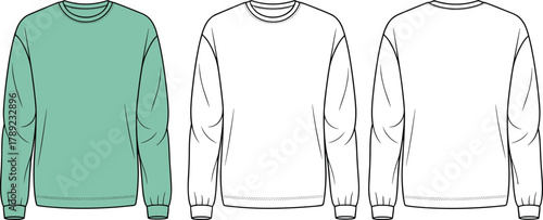 Crewneck sweatshirt front back view, fashion sketch, technical drawing, long sleeve design, garment illustration, clothing template, teal green apparel