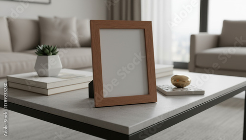 Wooden Frame Mockup on Coffee Table with Decor in Cozy Living Room, 3D Render Interior Scene for Artwork and Poster Presentation