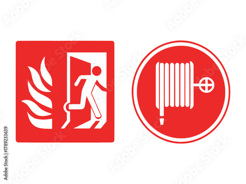 Emergency exit sign and fire hose reel sign for safety guidance and fire prevention awareness in public buildings and workplaces